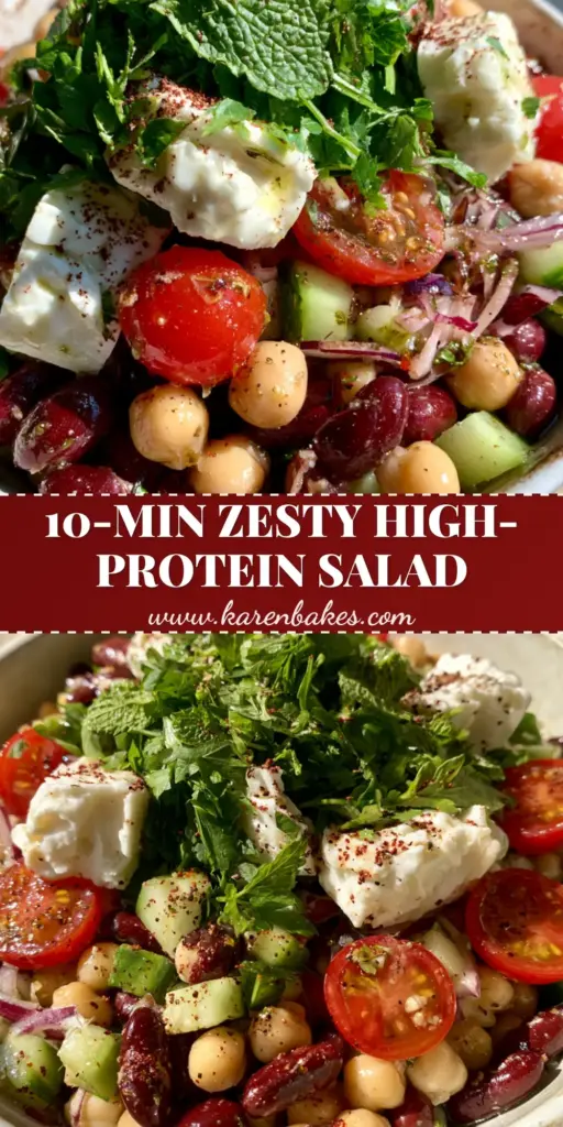 Protein-Packed Bean Salad with Zesty Lemon Vinaigrette and Feta 3 A vibrant protein-packed bean salad in a rustic white bowl featuring glossy chickpeas, kidney beans, and crumbled feta cheese with fresh mint.