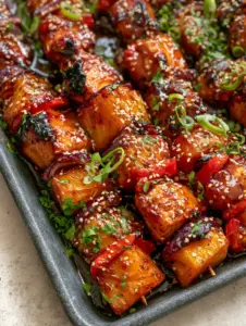 A close-up shot of Baked Pineapple Chicken Kabobs on a dark grey sheet pan, showing the seared chicken edges and vibrant blistered red peppers.