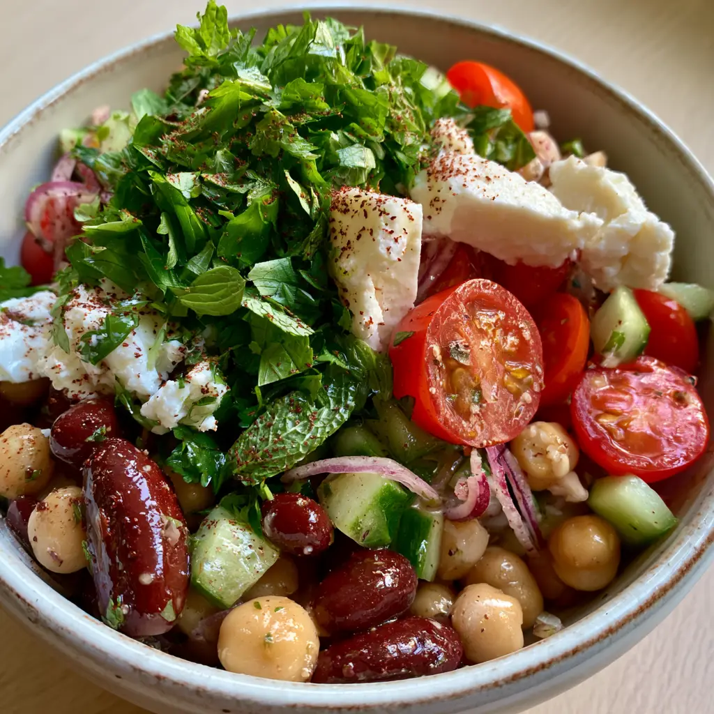 Protein-Packed Bean Salad with Zesty Lemon Vinaigrette and Feta 2 Close up shot of a protein-packed bean salad showing shimmering lemon-herb vinaigrette on plump chickpeas and red kidney beans.