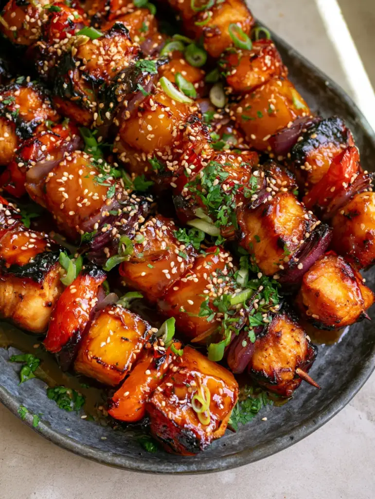 Detailed view of the mahogany honey garlic glaze pooling on Baked Pineapple Chicken Kabobs garnished with sesame seeds and cilantro.