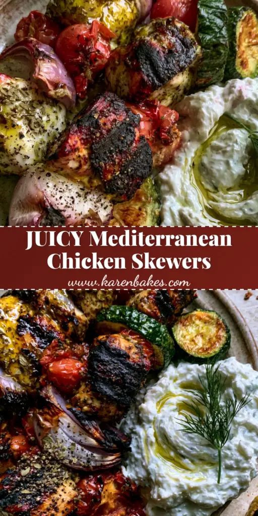 A close-up shot of three Grilled Chicken Kabobs with glistening chicken cubes, blistered cherry tomatoes, and charred zucchini on a ceramic plate with tzatziki sauce.