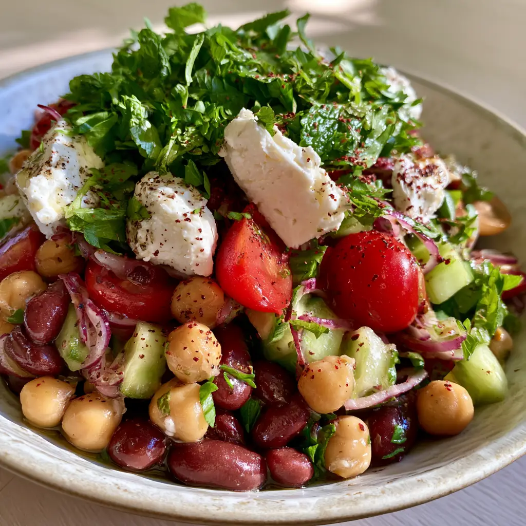 Protein-Packed Bean Salad with Zesty Lemon Vinaigrette and Feta 1 A top-down view of the protein-packed bean salad highlighting the crisp cucumbers, cherry tomatoes, and chunks of creamy feta cheese.