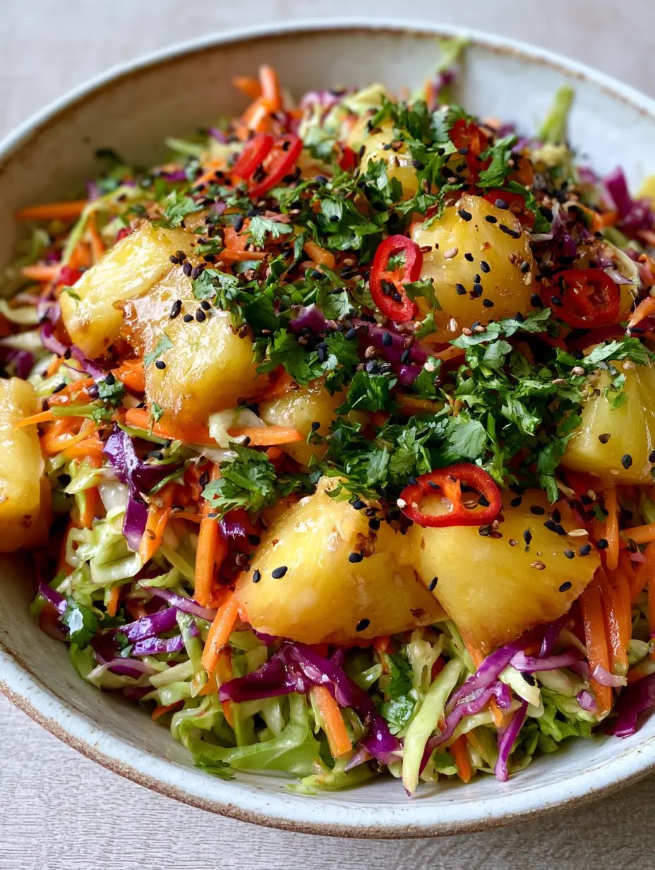 Macro shot of Hawaiian coleslaw featuring shredded emerald green cabbage, violet ribbons, and matchstick carrots. (Hawaiian coleslaw)