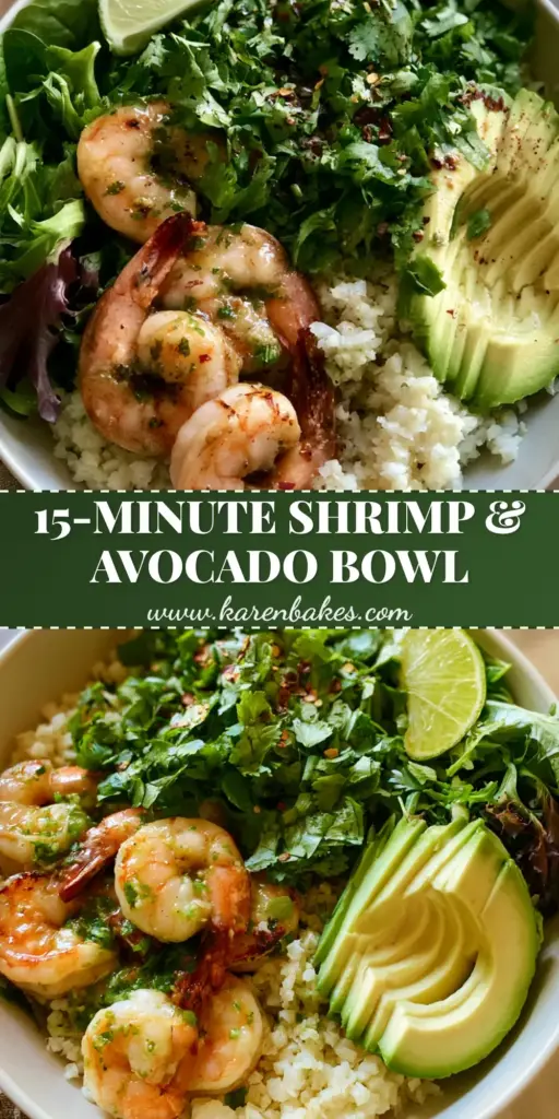A top-down view of shrimp and avocado bowls featuring charred cilantro lime shrimp, fanned avocado, and steamed cauliflower rice in a white bowl.