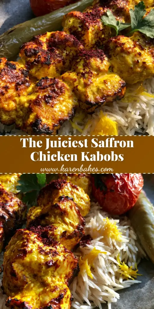 Persian Chicken Kabob: The Ultimate Juicy Saffron Joojeh Kabob Recipe 3 A vertical Pinterest pin showing a platter of Persian Chicken Kabob (Joojeh Kabob) with golden-yellow chicken, charred grill marks, basmati rice, and blistered tomatoes.