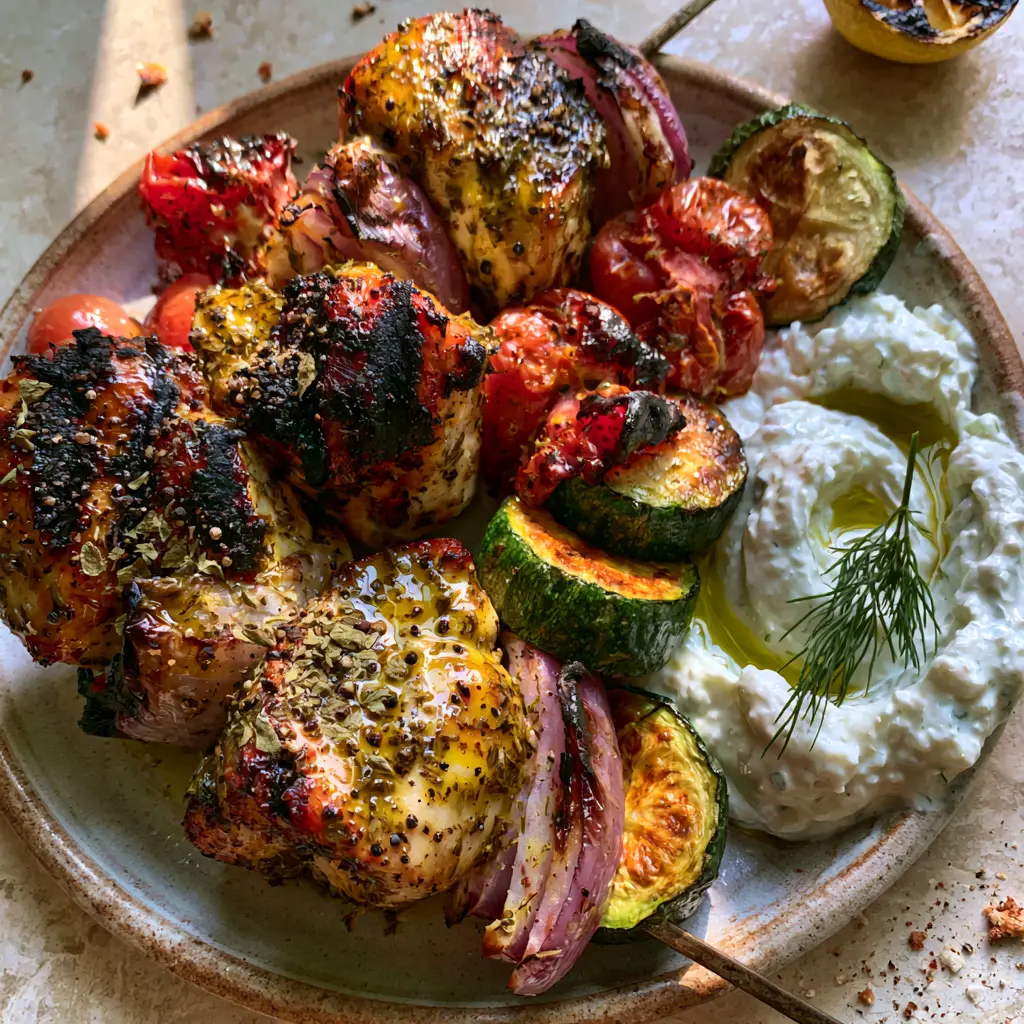Handheld photo of Grilled Chicken Kabobs showing the thick herb-oil marinade and visible oregano flakes.