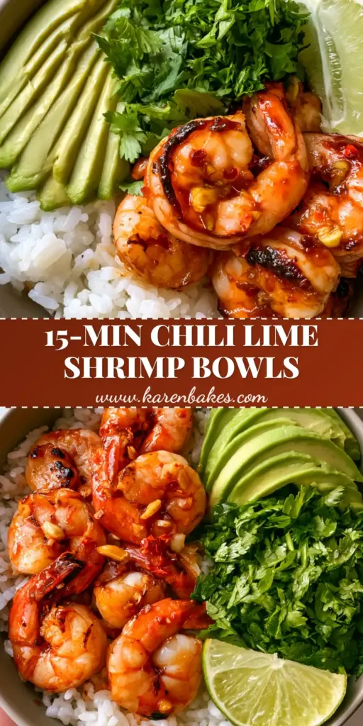 A top-down smartphone photo of Chili Lime Shrimp Bowls featuring succulent glazed shrimp, fanned avocado, and fresh cilantro over jasmine rice.