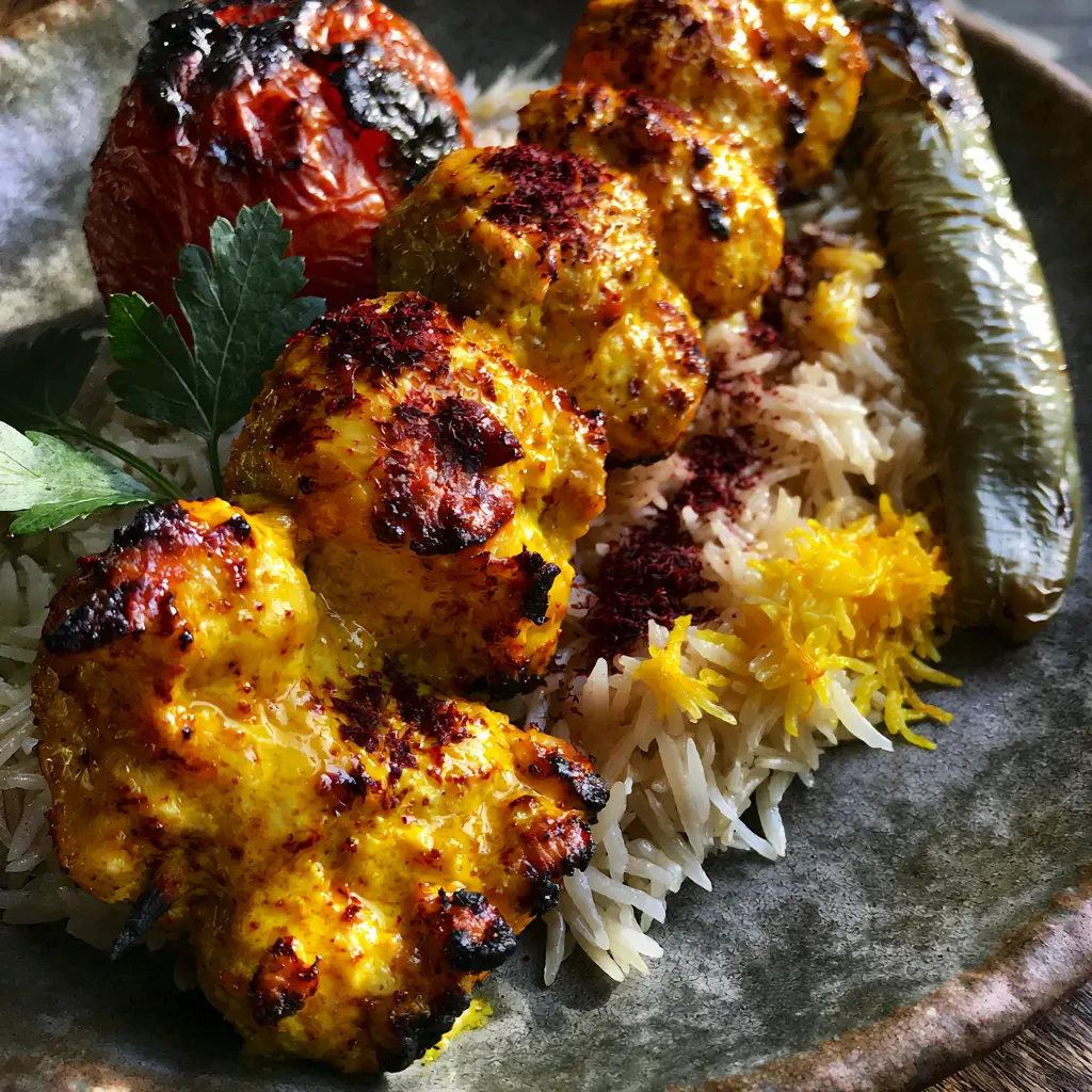 Persian Chicken Kabob: The Ultimate Juicy Saffron Joojeh Kabob Recipe 2 Close up photo of succulent Persian Chicken Kabob chunks coated in golden saffron yogurt marinade with deep brown char marks.