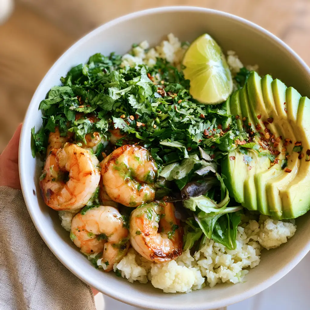Handheld photo of a vibrant shrimp and avocado bowl with cauliflower rice and fresh lime.