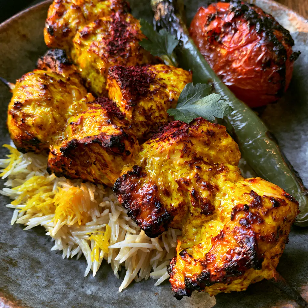 Persian Chicken Kabob: The Ultimate Juicy Saffron Joojeh Kabob Recipe 1 A rustic platter of Persian Chicken Kabobs served with saffron-stained basmati rice, blistered tomatoes, and charred green peppers.