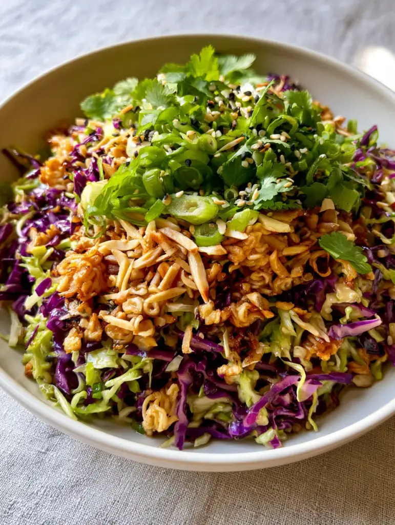 Ramen Noodle Salad: The Ultimate Crunchy Cabbage Slaw Recipe 1 Top-down view of Ramen Noodle Salad highlighting the mix of green and purple cabbage with black and white sesame seeds.