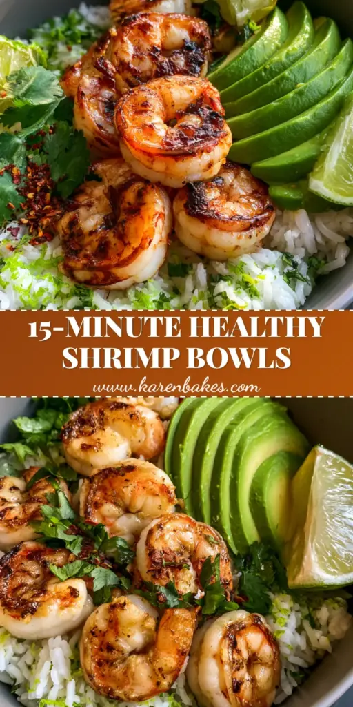 Cilantro Lime Shrimp Bowls with Garlic Charred Shrimp 4 A top-down view of a Cilantro Lime Shrimp Bowl featuring garlic-charred shrimp, avocado, and lime rice in a grey bowl. (Cilantro Lime Shrimp Bowls)