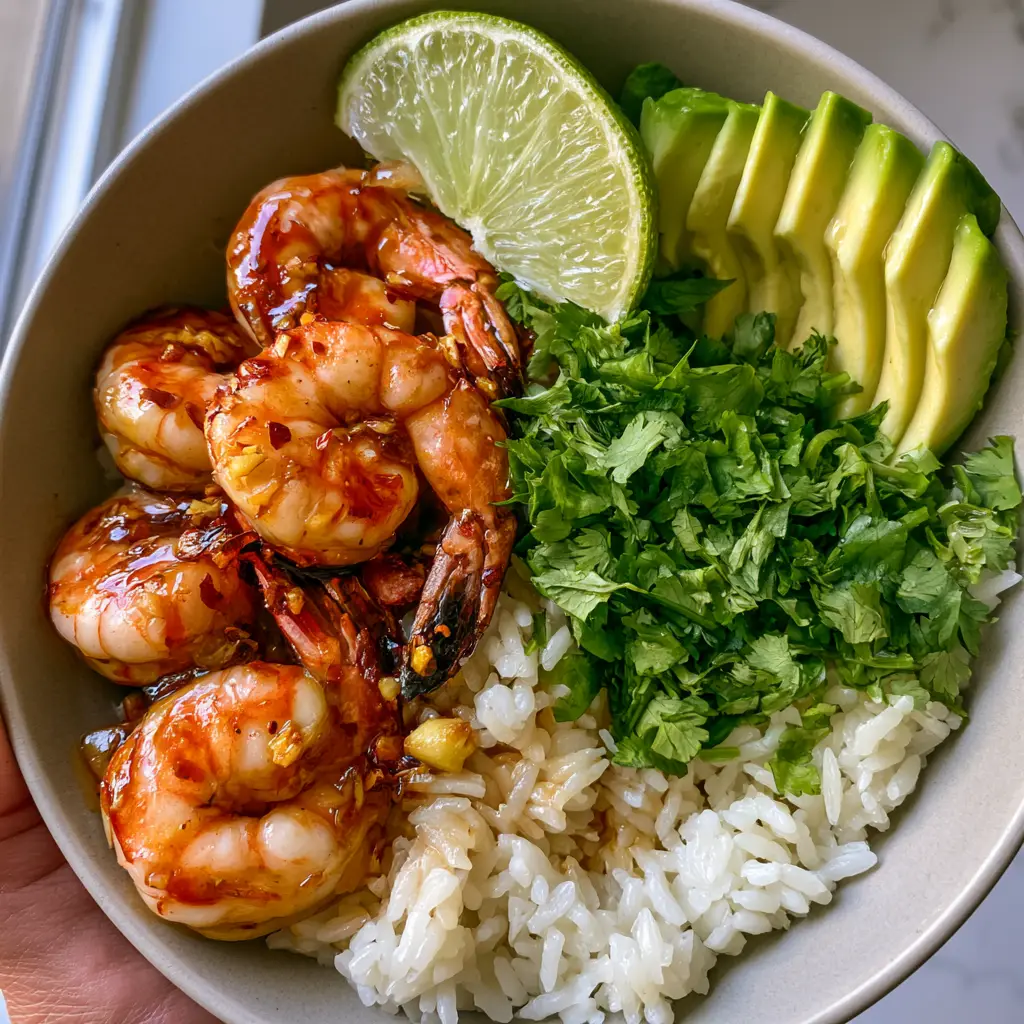 Close up photo of fluffy jasmine rice topped with glazed shrimp, fanned avocado, and bright green cilantro.