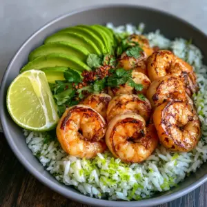 Detailed shot of Cilantro Lime Shrimp Bowls with golden brown shrimp and fanned avocado on basmati rice. (Cilantro Lime Shrimp Bowls)