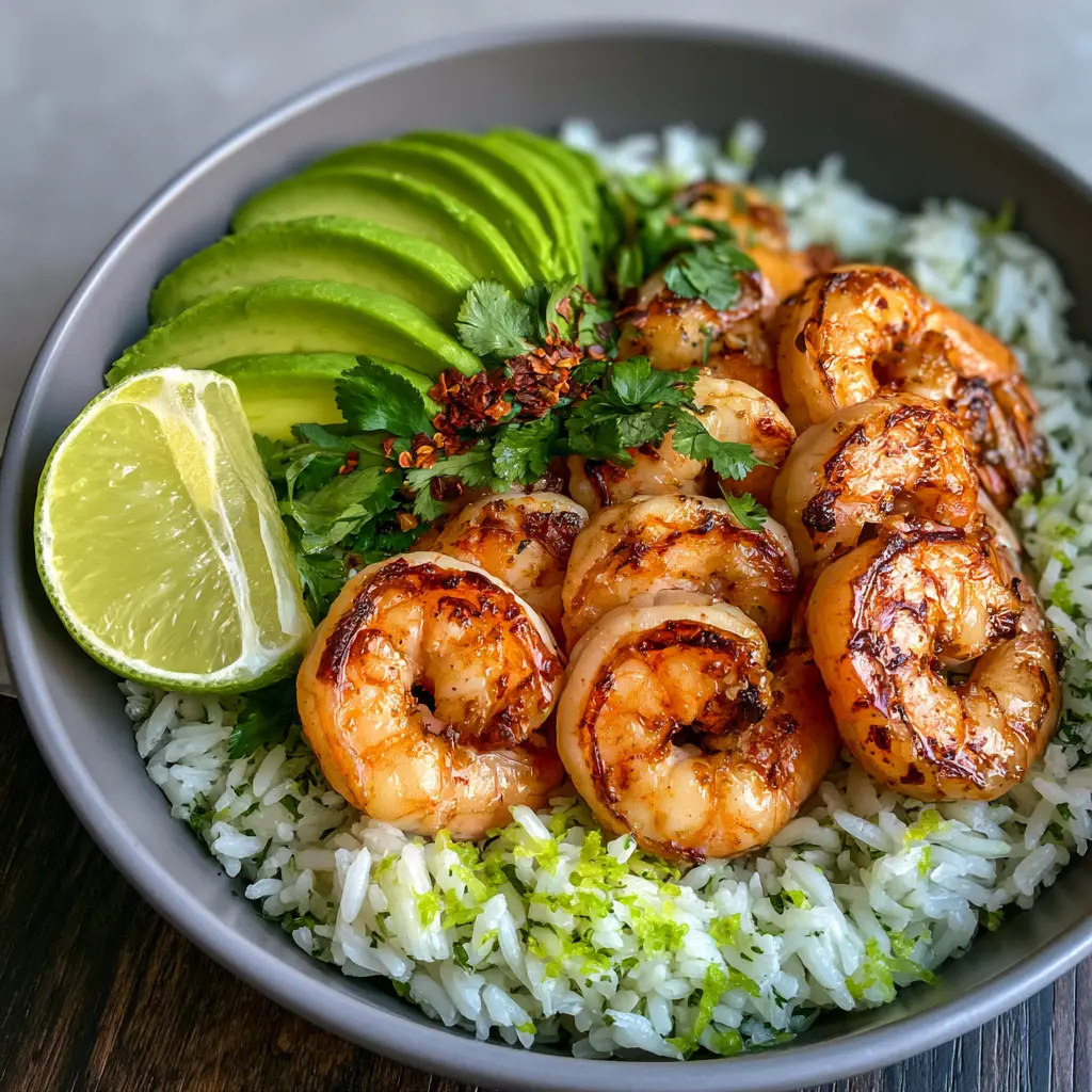 Cilantro Lime Shrimp Bowls with Garlic Charred Shrimp 2 Detailed shot of Cilantro Lime Shrimp Bowls with golden brown shrimp and fanned avocado on basmati rice. (Cilantro Lime Shrimp Bowls)