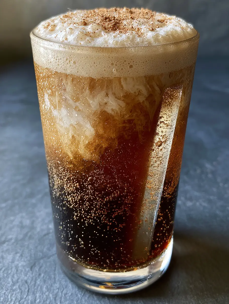 Creamy Root Beer Rum Cocktail: The Ultimate Spiced Float 3 A vertical eye-level close-up of a creamy root beer rum cocktail featuring rising bubbles and spiced cream ribbons.
