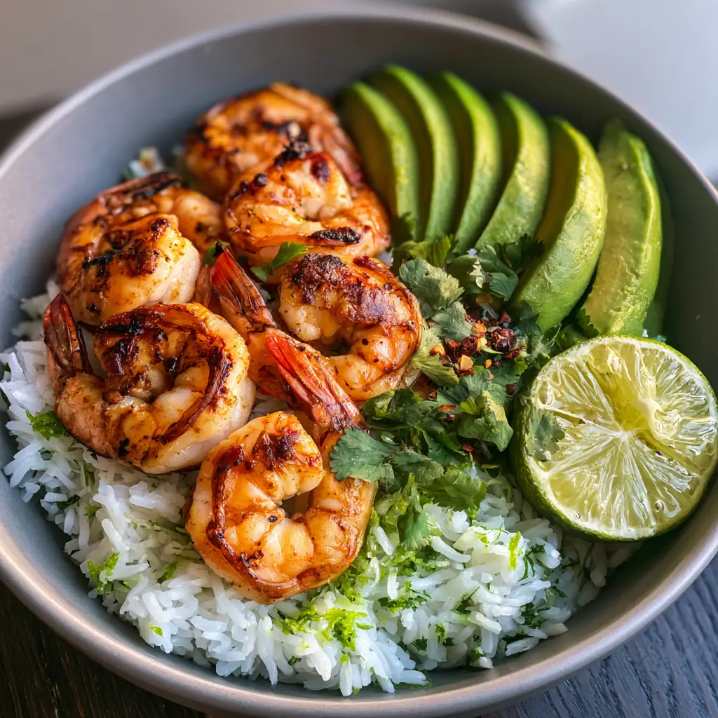 Cilantro Lime Shrimp Bowls with Garlic Charred Shrimp 1 Top-down view of matte grey ceramic bowl holding 7 jumbo shrimp and 5 avocado slices over cilantro lime rice.