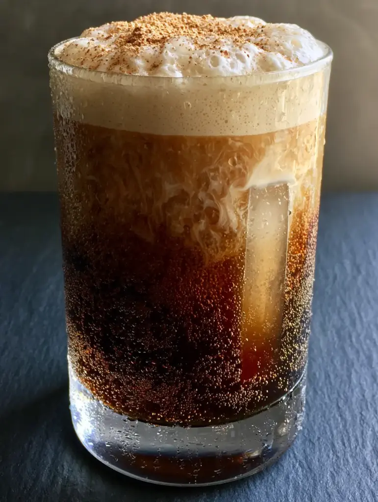 Creamy Root Beer Rum Cocktail: The Ultimate Spiced Float 1 Macro shot of the foam head and nutmeg garnish on a creamy root beer rum cocktail with condensation on the glass.