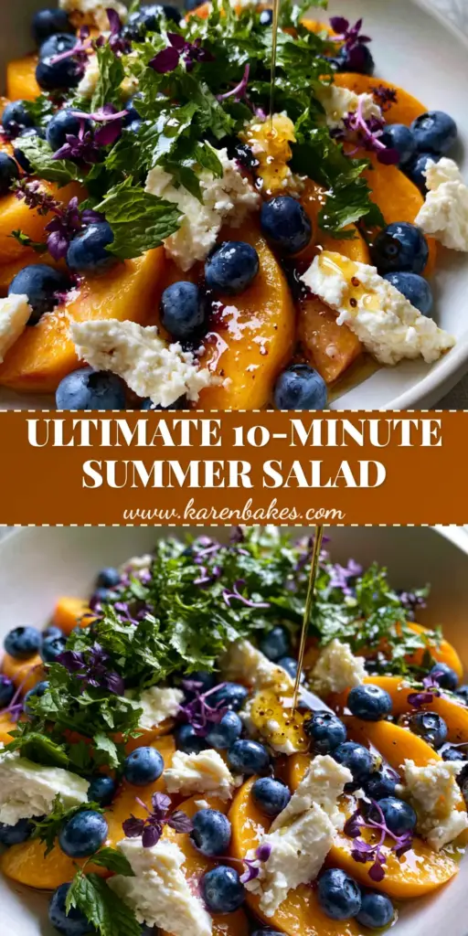 A stunning Blueberry Peach Feta Salad arranged in a radial pattern with fresh blueberries, feta crumbles, and mint leaves on a gray linen background.