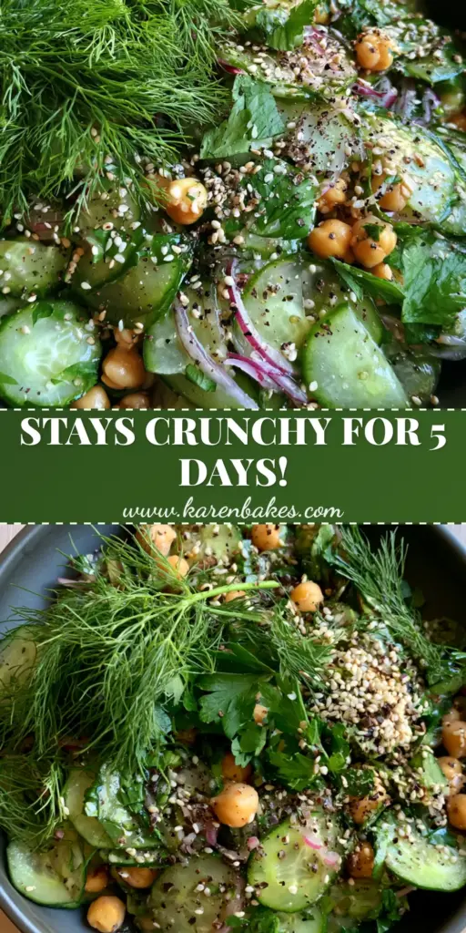 A high-angle photo of a vibrant Vegan summer salad in a charcoal bowl with thin cucumber slices and chickpeas.