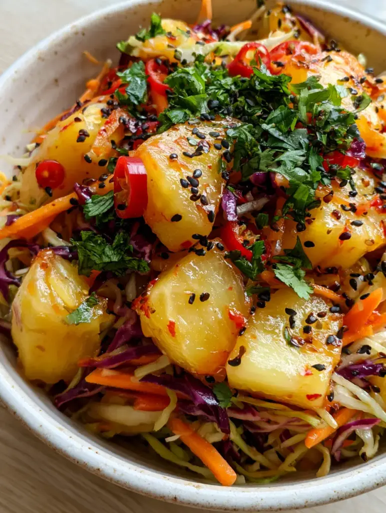 Hawaiian Coleslaw with Fresh Pineapple and Zesty Lime Vinaigrette 1 Top-down view of Hawaiian coleslaw in a white bowl with cilantro and sesame seed garnish.