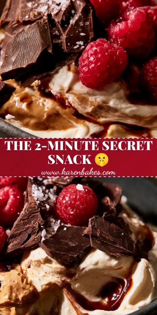 Midnight Snacks: The Ultimate Almond Butter & Dark Chocolate Yogurt Bowl 3 A close-up shot of a gourmet yogurt bowl featuring almond butter swirls, dark chocolate shards, and raspberries, perfect for midnight snacks.