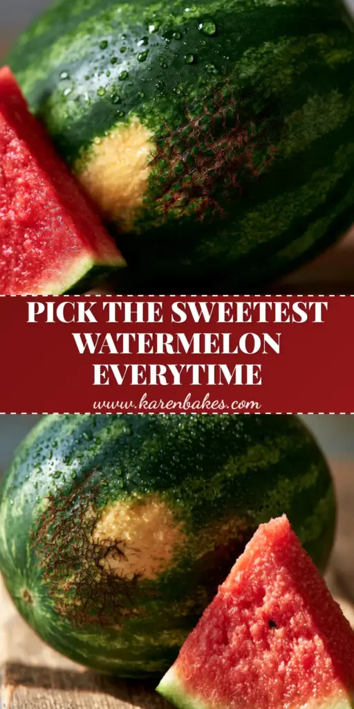 A tall Pinterest pin showing a whole dark green striped watermelon and a ruby red wedge with black seeds. (Watermelon Facts)