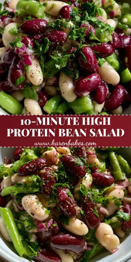 A vibrant three bean salad in a white bowl showing glossy red kidney beans and crisp green beans. (three bean salad)