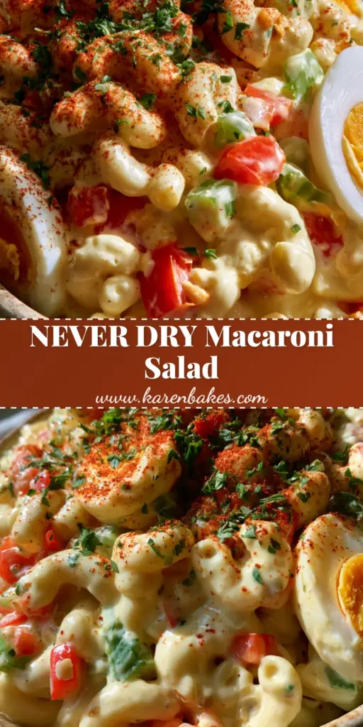 A rustic stoneware bowl overflowing with creamy Amish macaroni salad, topped with large egg chunks, smoked paprika, and fresh parsley on a light grey linen surface.