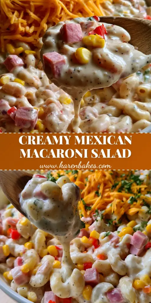 A tall Pinterest-style image showing a close-up of Mexican macaroni salad with visible ham cubes, corn, and a heavy garnish of cheddar cheese and cilantro.