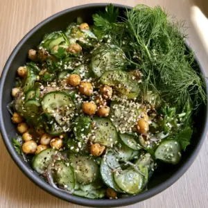 Overhead shot of a Vegan summer salad with translucent cucumbers and golden chickpeas in a matte bowl.