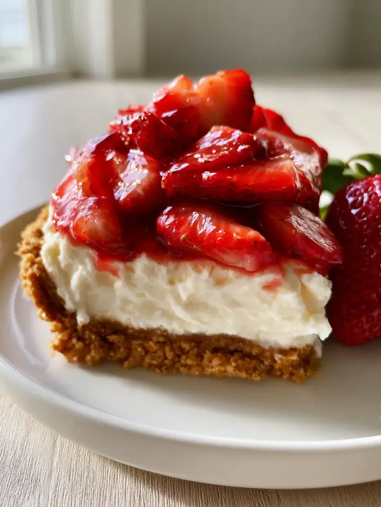 A professional food styling shot of Strawberry Cream Cheese Pie on a light wood surface in natural sunlight.