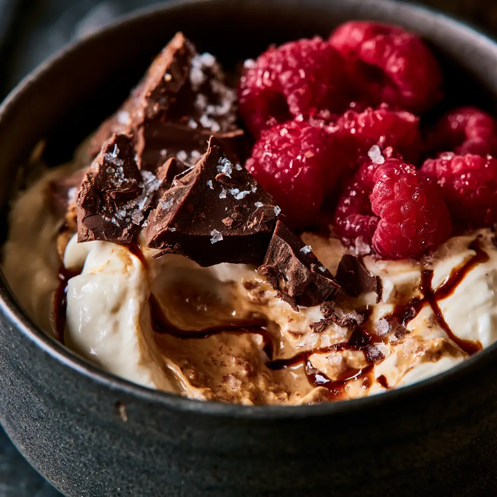 Midnight Snacks: The Ultimate Almond Butter & Dark Chocolate Yogurt Bowl 2 Macro extreme close-up of thick Greek yogurt with deep almond butter swirls and dark amber honey drizzle, a staple for midnight snacks.