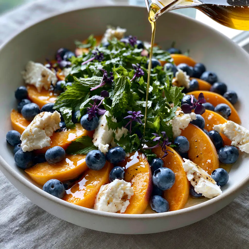 A small glass pitcher pouring golden honey balsamic dressing over a Blueberry Peach Feta Salad.