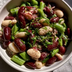 Macro top-down view of three bean salad with glistening vinaigrette and cracked black pepper. (three bean salad)
