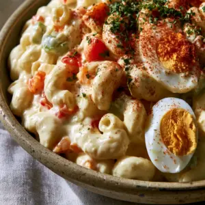 Close-up shot of Amish macaroni salad showing the thick glossy mustard-mayonnaise dressing and vibrant red bell peppers.