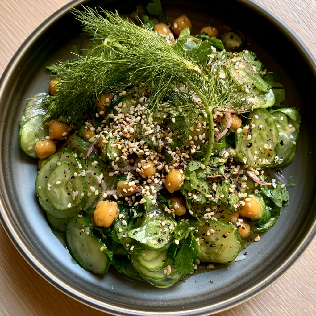 Close up of glossy lemon vinaigrette on a Vegan summer salad garnished with fresh dill and sesame seeds.