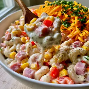 A top-down angled close-up of Mexican macaroni salad in a white ceramic bowl showing the thick dressing, pink ham cubes, and yellow corn.