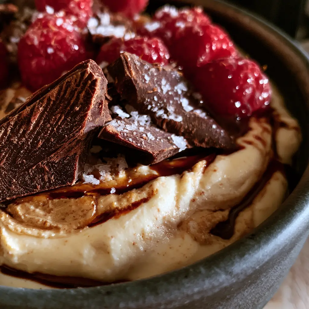 Midnight Snacks: The Ultimate Almond Butter & Dark Chocolate Yogurt Bowl 1 Chunky dark chocolate shards and fresh raspberries with water droplets on a yogurt bowl, ideal for midnight snacks.