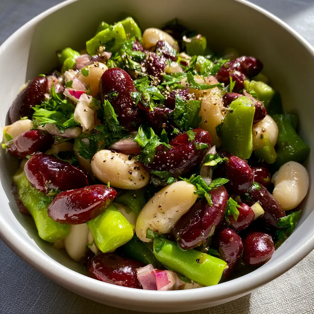 Overhead shot of vibrant three bean salad featuring dark red kidney beans and ivory cannellini beans.