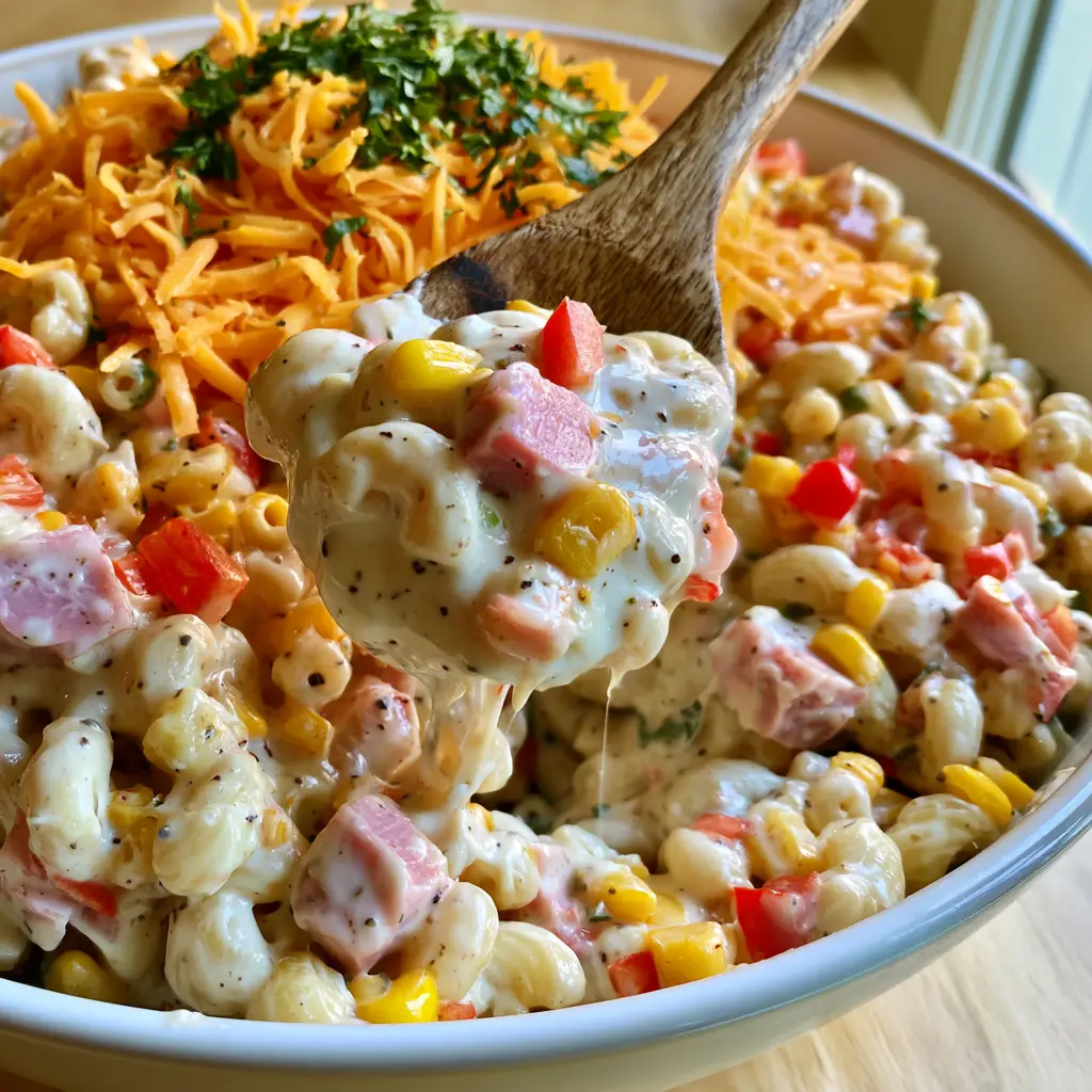 A wooden spoon lifting a creamy scoop of Mexican macaroni salad, highlighting the texture of the mayo dressing and vibrant vegetables.