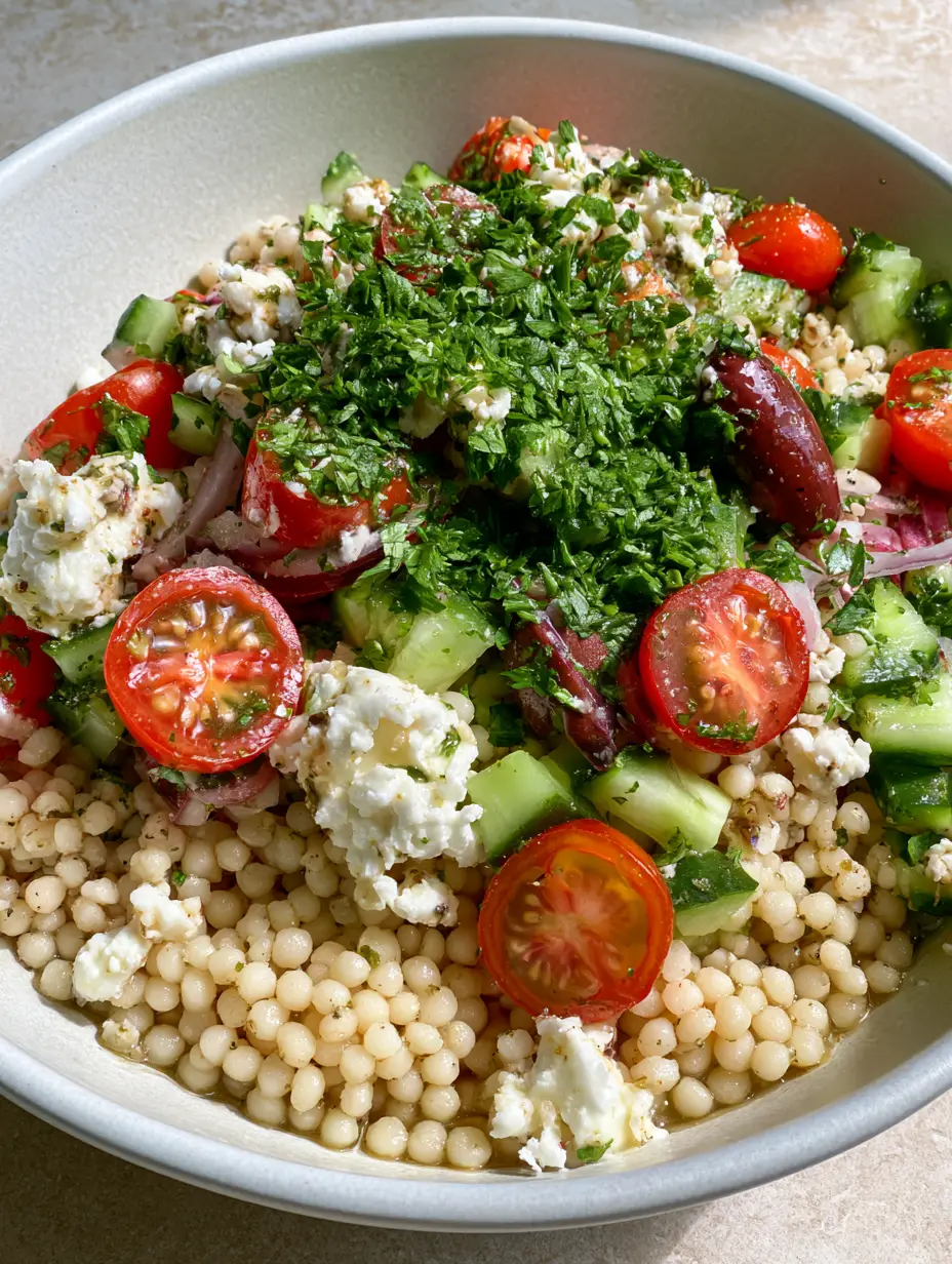 Mediterranean Couscous Salad with Pearl Grains and Lemon Herb Vinaigrette 3 Macro photo of individual pearl couscous grains glistening with lemon vinaigrette in a mediterranean couscous salad.
