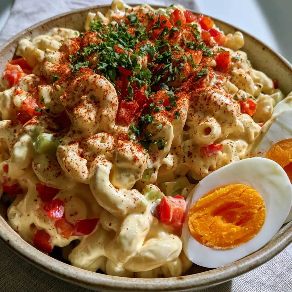 A 45-degree angle shot of Amish macaroni salad with large hard-boiled egg chunks and a fine dusting of smoked paprika.