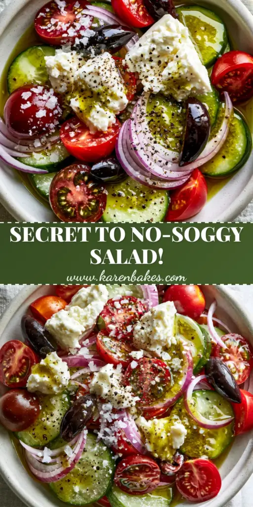 A vibrant Greek cucumber salad in a matte white bowl with thick-cut cucumbers, red heirloom tomatoes, black olives, and large rustic chunks of feta cheese.