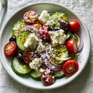 Close-up of Greek cucumber salad showing the glistening lemon-olive oil dressing on Persian cucumbers and creamy sheep milk feta chunks.