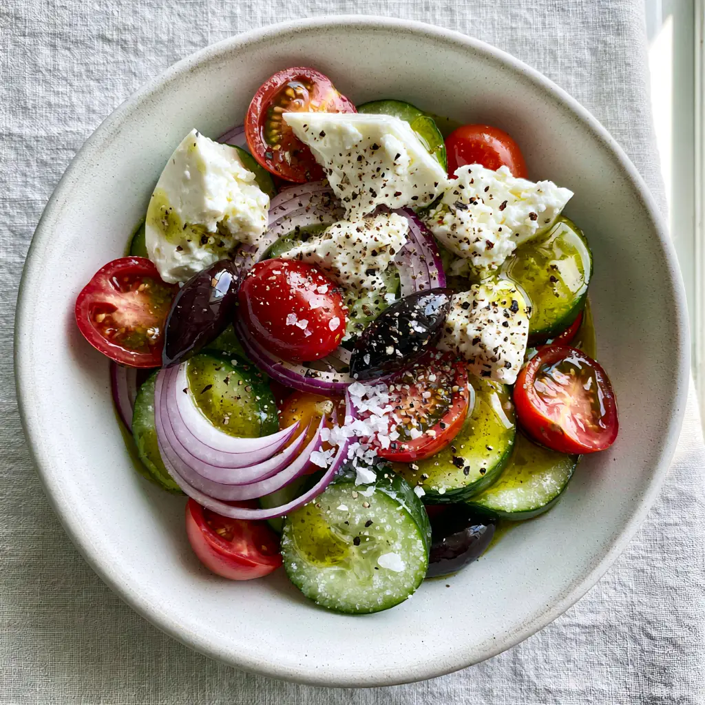 Top down view of a Greek cucumber salad on a gray linen background featuring vibrant red tomatoes and crisp red onions.