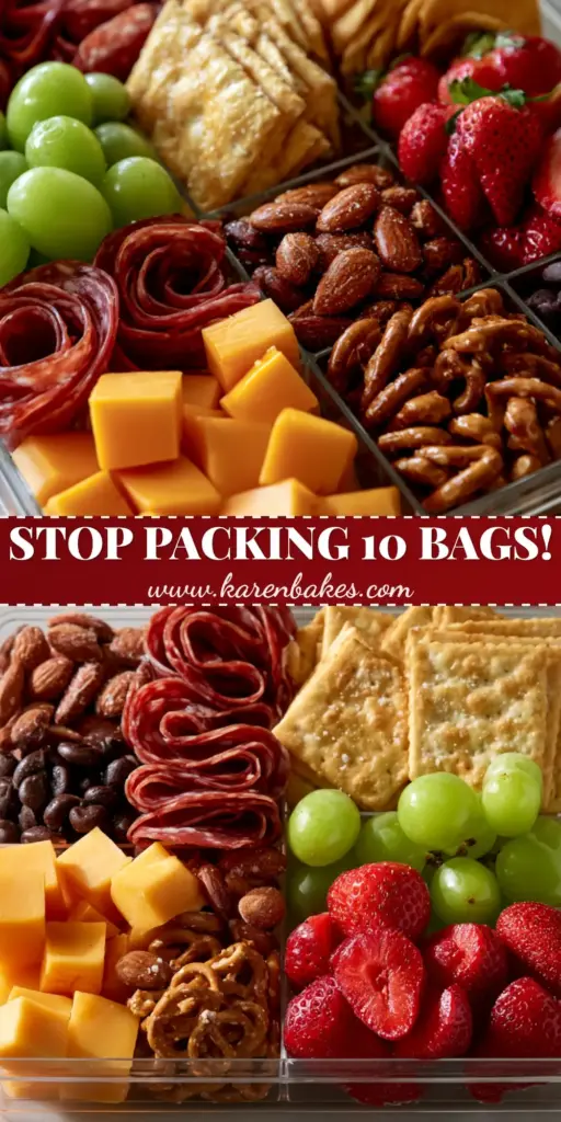 A high-angle photo of a clear snackle box filled with cheese cubes, salami rosettes, and fresh fruit. (snackle box ideas)
