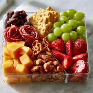 Close up of a clear multi-compartment organizer with sharp cheddar, crackers, and glossy grapes. (snackle box ideas)