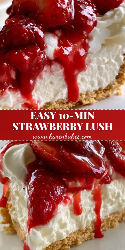 Strawberry Shortcake Dessert: The Ultimate No-Bake Strawberry Lush 3 A tall, vertical slice of no-bake strawberry shortcake dessert showing distinct layers of graham cracker crust, cream cheese filling, and fresh glazed strawberries.