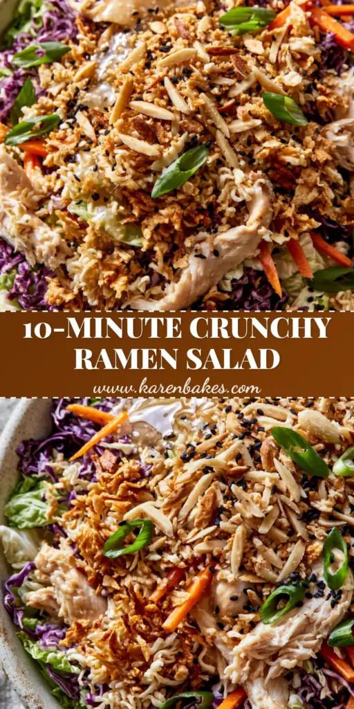 A vibrant Ramen noodle chicken salad in a white bowl, showing crunchy toasted noodles, purple cabbage, and orange carrots.